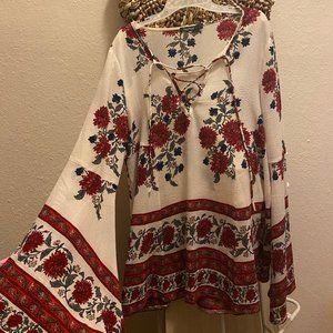 boohoo white floral bell sleeve top with tie